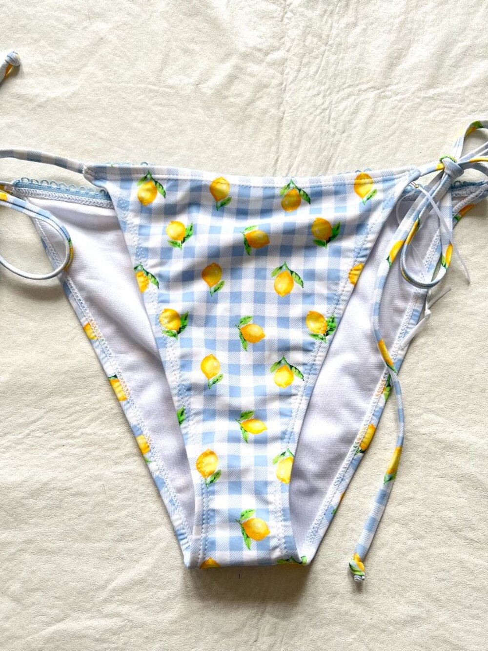 String bikini bottoms light blue gingham plaid lemon print XL swim Betty Jade